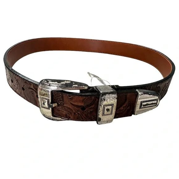 Tooled Leather Belt Brown with Silver Very Distressed Etched Hardware Never Worn - Picture 10 of 10